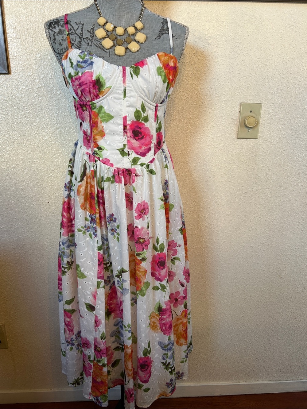 White Eyelet Maxi Dress with Pink & Orange Floral Print